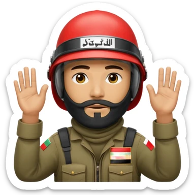 surrenders, depicts an Iraqi soldier from 1980, with a beard, in a helmet, a helmet with sign flag Iraq, with a balaclava, with sad eyes and both hands raised up sticker