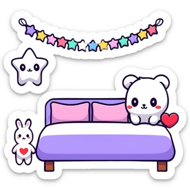 small cute bedroom with kawaii decor, stuffed animals, heart-shaped pillows, star garland sticker
