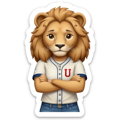 determined anthropomorphised female lion in a baseball shirt and jeans with arms folded sticker