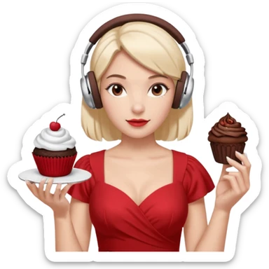 4–5 women at a listening party with a red and silver dress code. One holds a dark chocolate cupcake. Two wear over-ear headphones like AirPods Max. Indoor event lighting, modern and metallic vibe. sticker