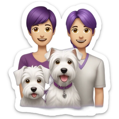 Family picture woman with purple hair, aduld son with dark brown hair and happy West Highland White Terrier sticker