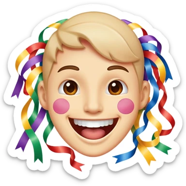face with open mouth, smiling, surrounded by parade streamers sticker