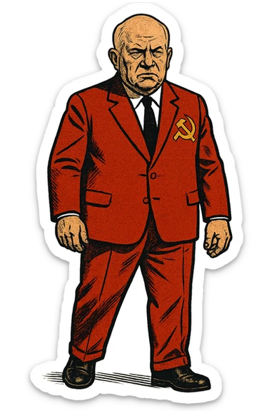 The full body of a male middle aged Russian leader who looks like Nikita Khrushchev wearing a red suit with the communist party logo and looking seriously sticker