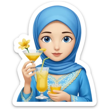 Turkish beautiful finish Konya girl blue eyes with blue hijab islamic dress and had on her hand white yellow flower mocktail sticker