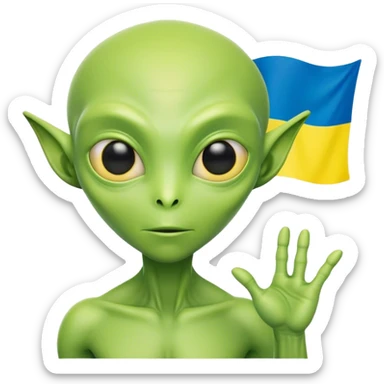 Green alien with Ukraine flag sticker