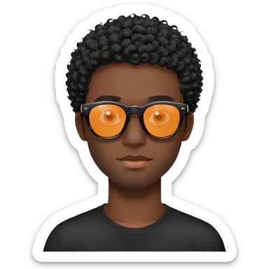 đàn ông 30 tuổi, da đen, tóc ngắn xù màu đen, đeo mắt kính râm màu cam nhẹ trong suốt nhìn thấy mắt, gọng kính màu đen, mặt ngầu, áo đen sticker