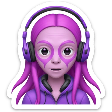 headphone wearing pink alien, purple long haired sticker