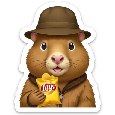 Capybara with a cool hat  eating Lays chips sticker