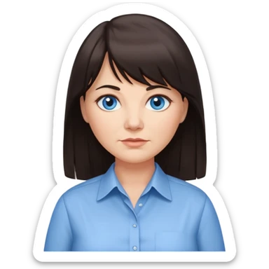 50 yr old woman, blue eyes, long straight dark brown hair, business shirt, chubby, bangs, long hair sticker