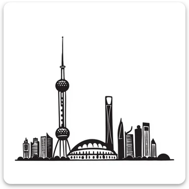 Shanghai city skyline, hand drawn doodle style, playful lines, black and white sticker