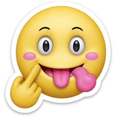 The image is a digital illustration of a yellow smiley face with big, round eyes and a big smile. The face is holding a pink tongue sticking out and making a 67 with its fingers. Above the face, The background is white. Like this but get rid of the text sticker
