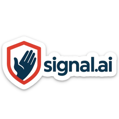 logo for signal.ai, dashboard for first responders, text 'signal.ai' with a symbol of assistance like a helping hand or shield, modern, energetic, trustworthy sticker