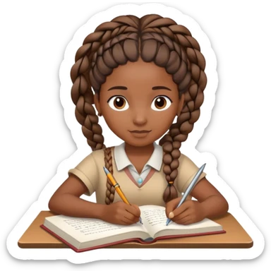 African girl student with brown skin and braided hair writing with book and pen sticker