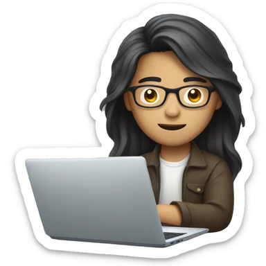 asian with glasses and  with long hair working on his laptop  sticker