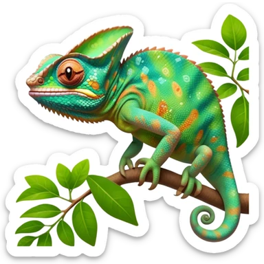 cinematic giant-smiling. chameleon-realistic emoji,-blending-with-vibrant-greenery.-detailed-scales-in-shifting-colors,-showing-the-chameleon’s-ability-to-camouflage.-soft-natural-light-highlights-its-texture.-nature-background, zoomed into its face sticker