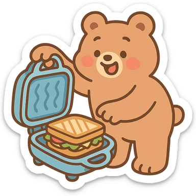 sandwich maker bear soft fluffy opening with cute sandwich inside creamy brown pastel, full-body sticker