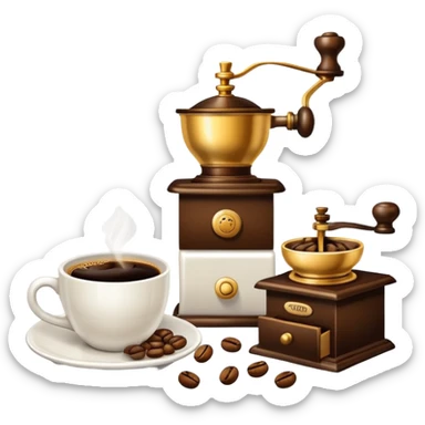 coffee shop essentials: coffee cup, pastry, coffee beans, and coffee grinder sticker