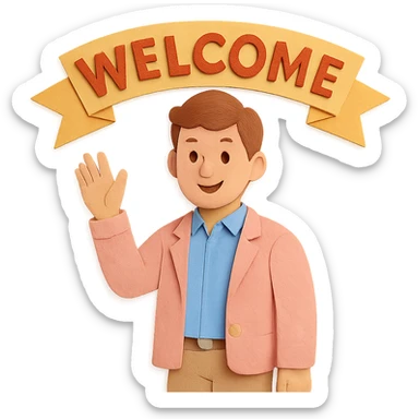 human character, center-frame, casual smart clothing in pastel blues, pinks, and neutrals, warm smile, one hand raised in a wave, stylized 'Welcome' banner behind, isometric perspective, soft diffuse studio lighting, subtle shadows, light depth of field, smooth rounded shapes, realistic skin texture, clean polished surfaces, modern minimalistic setting sticker
