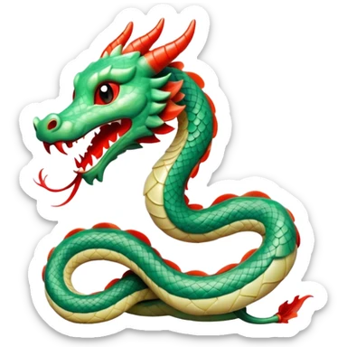 Cinematic Cute Chinese Serpent Dragon Portrait Emoji, Head tilted playfully and inquisitively, showcasing a slender, flowing body with vibrant jade scales and soft vermilion accents intertwined with whimsical wisps of cloud and water details; rendered with realistic finesse and warm natural light, high shine, charming and spirited, styled with a touch of mythic whimsy, soft glowing outline, capturing the essence of a mischievous yet endearing celestial dragon poised to weave magic into your dreams! sticker