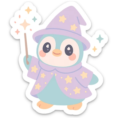 cartoon penguin wizard with starry robe, holding wand, magical sparkles around sticker