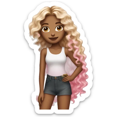 girl with brown and blonde ombré long curly hair white skin holding Pink starbucks refresher sticker