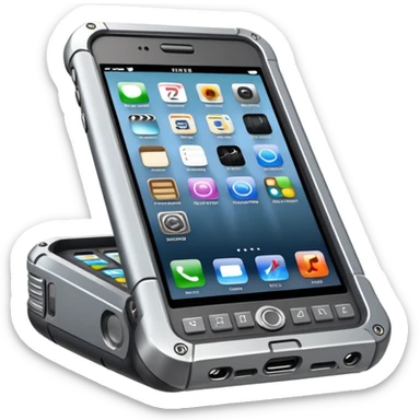 A cybernetics implementation mobile phone device with a focus  rugged and metallic features and materials  sticker