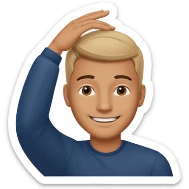 Picture of a handsome man smiling like he is very confident in himself with his hand on his head sticker