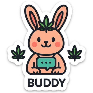 friendly rabbit icon representing an AI assistant named Buddy, with subtle cannabis-themed elements, modern and approachable, suitable for a chatbot specializing in cannabis, clean lines, green color accents sticker