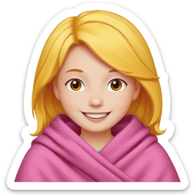 happy smile emoji red cheeks in pink blanket dark yellow hair sticker