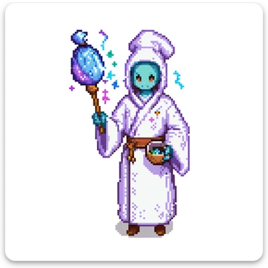 Portrait of a galactic baker in skeuomorphism style, same pose and lighting as previous levels, wearing a nebula-textured robe, holding a galaxy-shaped whisk, glowing flour particles floating around sticker
