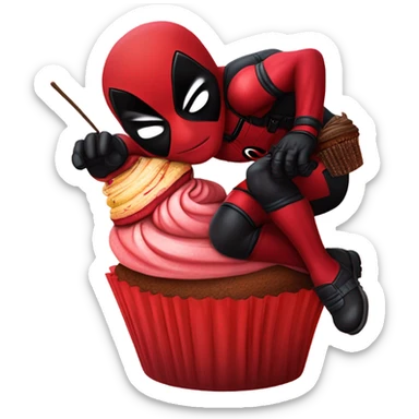 Deadpool riding a flying cupcake into a gas station sticker