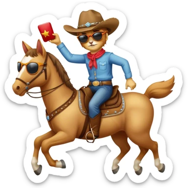 A cat with a cowboy hat and sunglasses riding a horse  sticker