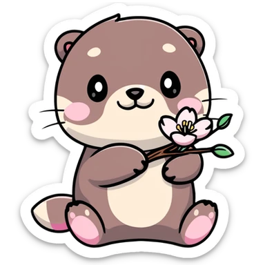 cute otter holding a cherry blossom flower sticker