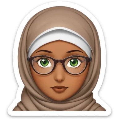 A brown girl with a hijab with eye glasses with green eyes sticker