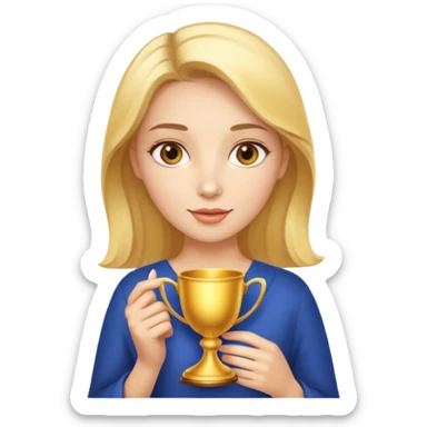 A woman holds a golden cup in her hands. There is a glow around the girl. sticker