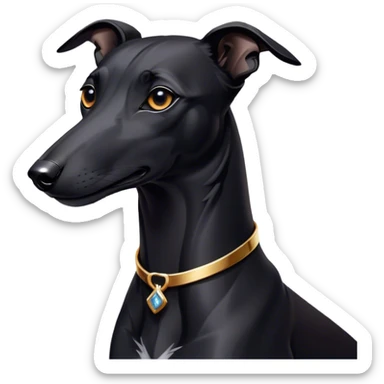 Cinematic Noble Black Greyhound Portrait Emoji, Poised and regal, with a lean, graceful build and a sleek, jet-black Fur, deep-set soulful dark eyes, Simplified yet sharp and sophisticated features, highly detailed, glowing with a soft, dignified glow, high shine, intelligent and swift, stylized with an air of elegance, focused and attentive, soft glowing outline, capturing the essence of a watchful and commanding racer, so majestic it feels as though it could sprint out of the screen with effortless authority! sticker