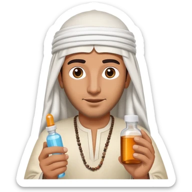 Arab man wearing traditional headdress holding medicine bottle or pill sticker