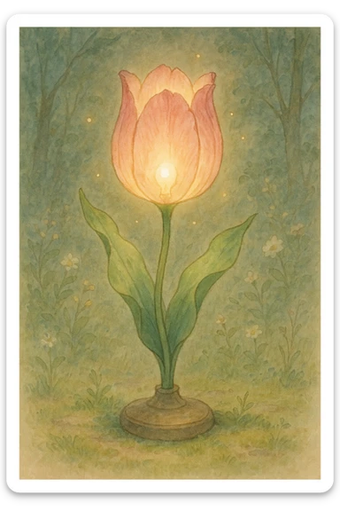 a lamp made out of a tulip flower, the bulb in the flower, natural colors, soft, fairy-like atmosphere,  sticker