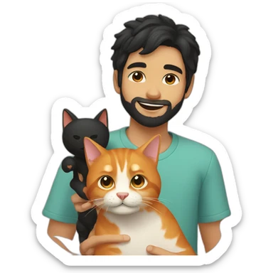 Boy with black hair and beard playing with ginger cat sticker