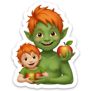 troll with wild hair holding a giggling toddler, apple emoji style sticker