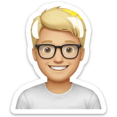 portrait of adult man no old man, wearing a t-shirt, square glasses, grinning face, blond hair sticker