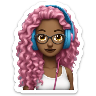 hotgir; rock; leather; girl; pink and blue long curly hair with headphones realisitc white skin  sticker