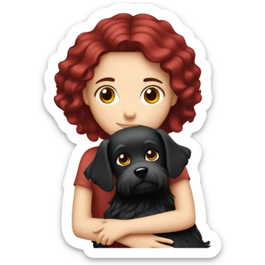 Dark red hair girl hugs  her maltese black dog sticker