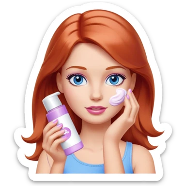 Barbie girl Chestnut-red Shoulder-length hair and blue eyes is In pale purple applying cream on face sticker