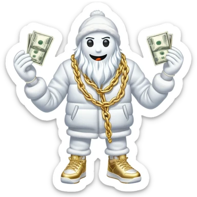 Snow elemental shaped more like a human—think tall, jointed limbs, maybe even facial expressions made of snow flaunting money wearing gold rope chain with jacket and Jordan sneakers sticker
