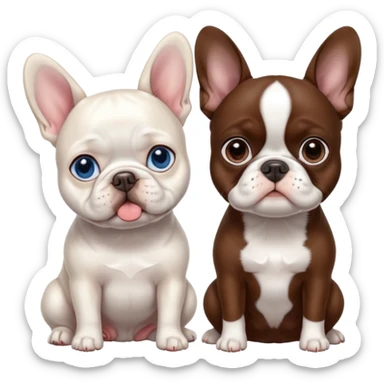 All pure White French bulldog with blue eyes sitting next to brown Boston terrier sticker