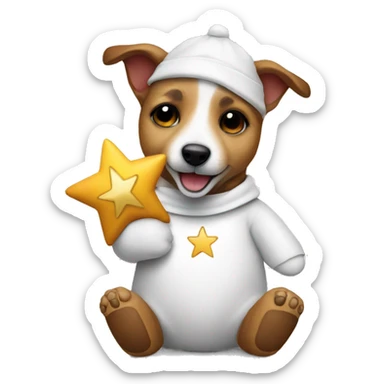 a jack russel in a teddy bear costume holding a star in his hand sticker