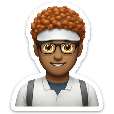 Barista with red curly hair and glasses and a visor  sticker
