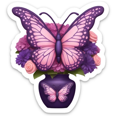 Aesthetic butterfly with purple and pink wings sitting on a dark purple bouquet of Brats in a pastel pink vase  sticker