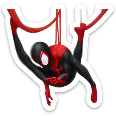 Spiderman Miles morales doing a meditation upside down hanging from a web sticker